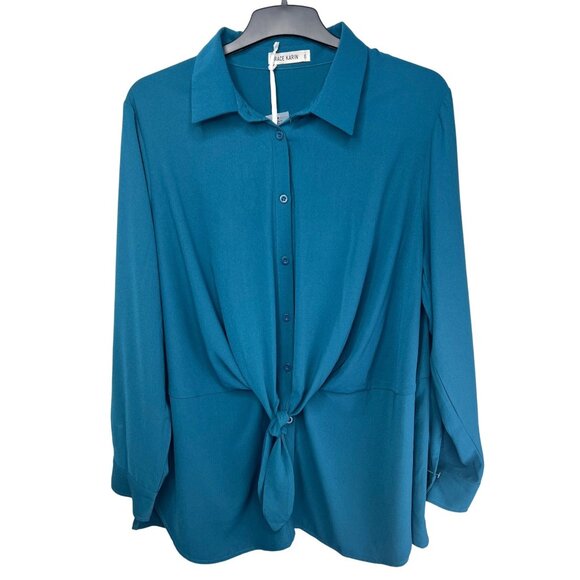 Grace Karin Teal Button-Up Blouse W/ Tie Front & Collared Neckline 2XL - Picture 1 of 16